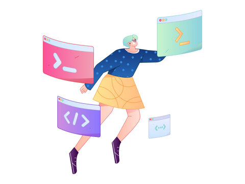 Programming teaching development flat character vector concept operation hand drawn illustration
