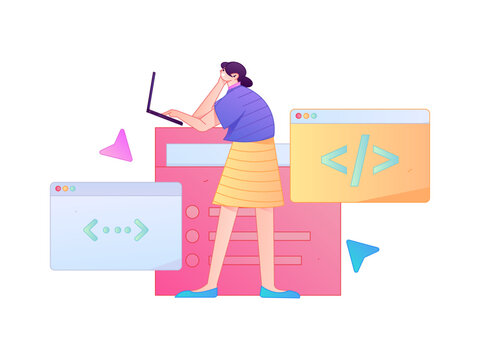Programming teaching development flat character vector concept operation hand drawn illustration
