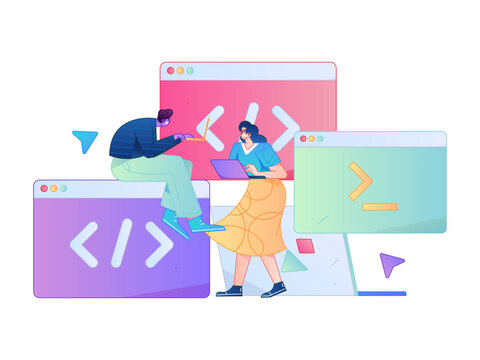 Programming teaching development flat character vector concept operation hand drawn illustration
