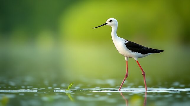 Black winged stilt foraging in shallow wetland habitat