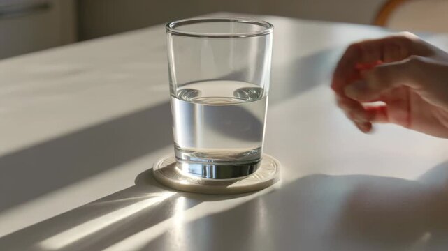Lowering forearm in beige sleeve at kitchen table, placing clear glass on coaster, sunlight bands