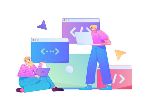 Programming teaching development flat character vector concept operation hand drawn illustration
