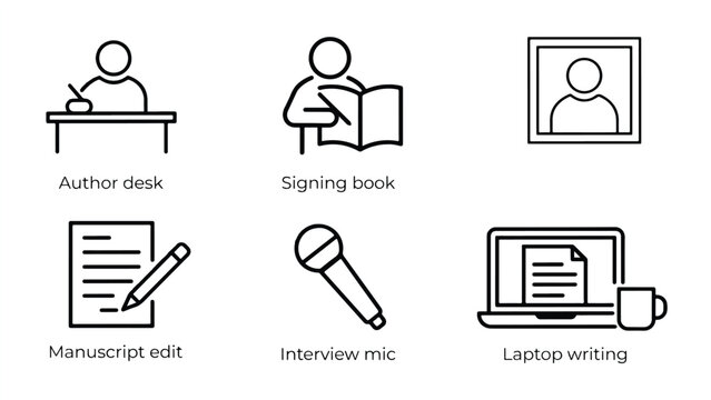 Set of six line icons related to writing and publishing isolated on transparent background