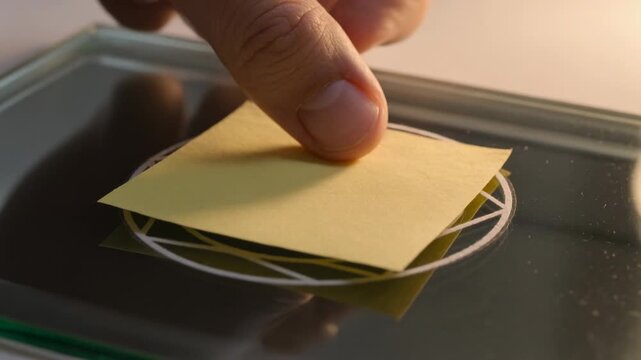 Lowering hand placing and smoothing stacked yellow notes on glass, aligning over white ring print