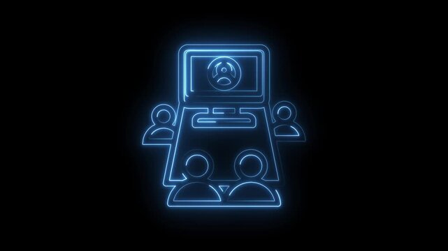 Blue neon outline of a steering wheel on a screen with people icons surrounding a table
