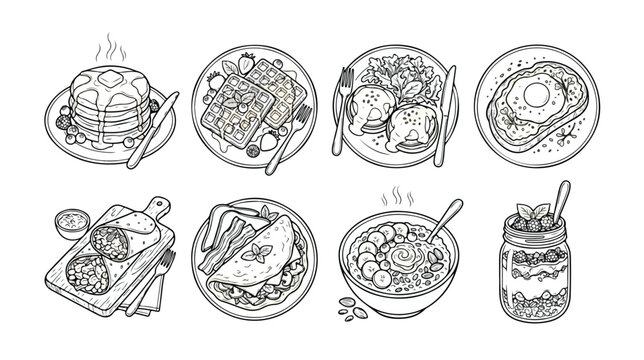 Set of 8 Hand-Drawn Breakfast Dishes Line Art Vector Icons