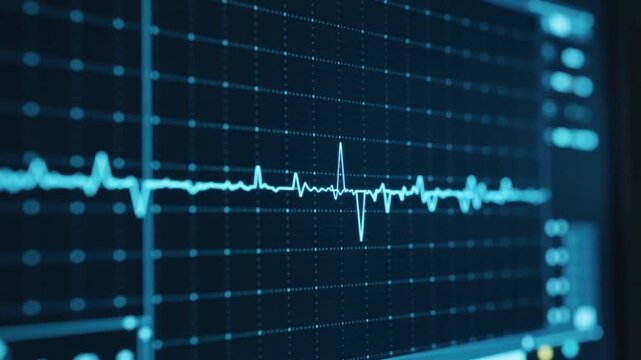 Showing cyan ECG trace peaking into burst while time marker aligning, indicating anomaly at monitor