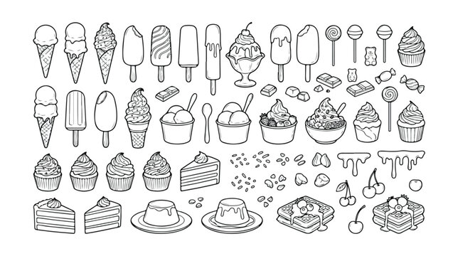 Set of 50 Hand-Drawn Dessert and Ice Cream Icons Vector