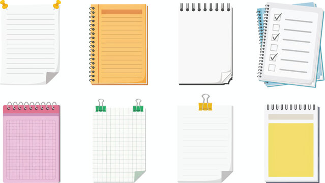 Various colorful notebooks and notepads with different designs and layouts are shown