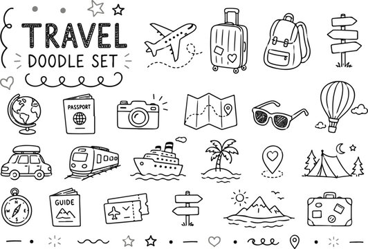 Travel doodle set. Hand drawn collection of icons on a white background