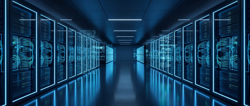 Futuristic data center hallway with rows of glowing blue server racks and digital binary code streams, representing advanced technology and network infrastructure