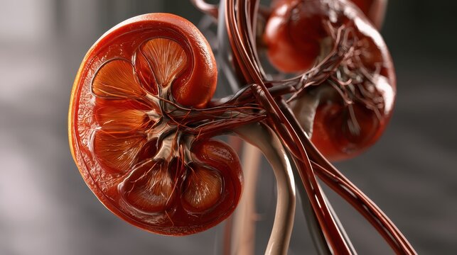 Anatomical cross section of human kidneys with internal vascular system