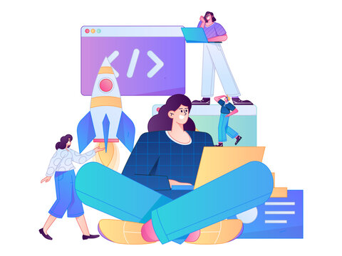 Programming teaching development flat character vector concept operation hand drawn illustration
