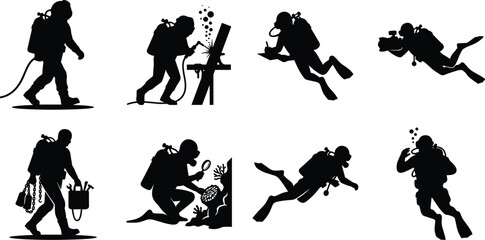 Commercial deep sea diver and scuba diving silhouette icons set for industrial and underwater exploration concepts © MdAsikul