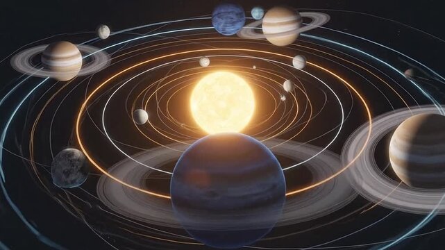 3D model of solar system with sun and planets.
