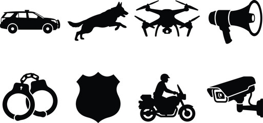 Police department equipment and law enforcement silhouette icons set for security and patrolling concepts © MdAsikul