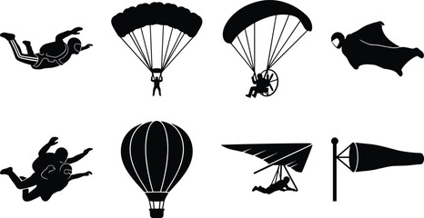 Skydiving and extreme air sports silhouette icons set for parachuting, paragliding, and aviation concepts © MdAsikul