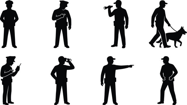 Security guard and police officer silhouette icons set for law enforcement, patrolling, and private protection concepts