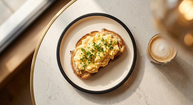 Scrambled eggs on toasted sourdough bread with fresh chives next to coffee cup on table