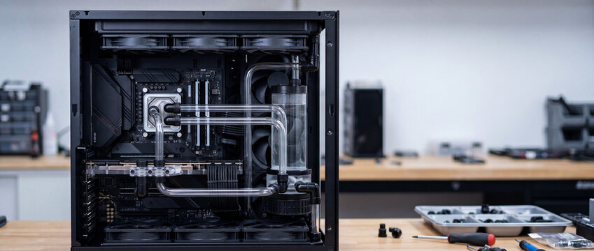 Custom gaming pc with clear liquid cooling loop and high-end components on workbench