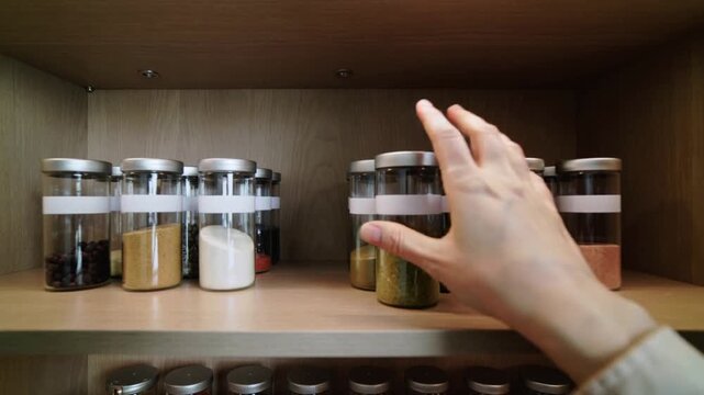 Grasping cabinet handle, hand in light sleeve opening pantry, selecting labeled spice jar to cook