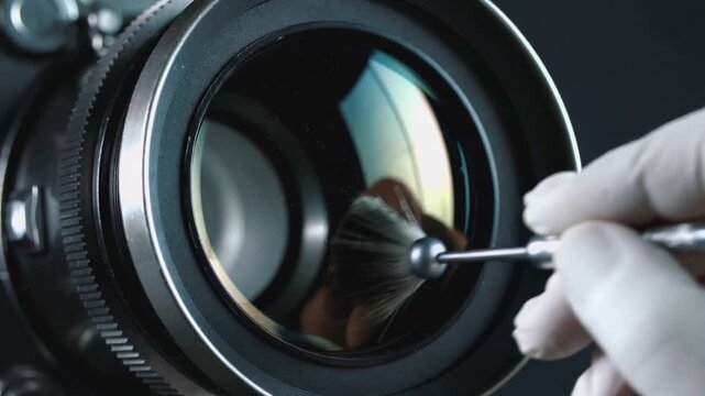Noticing dust, gloved tech's hand brushing camera lens at bench, removing particles with soft brush