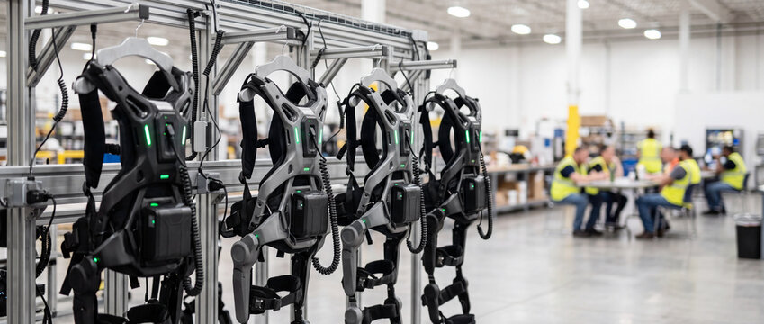 Industrial exoskeleton suits hanging in warehouse with workers on break in background
