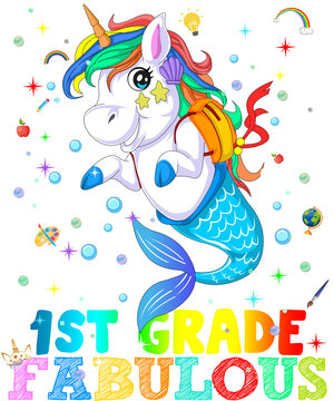 First Grade Fabulous Unicorn Mermaid Cute Back to School Girls Illustration