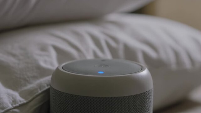 Pressing male hand waking bedside smart speaker tapping top, blue LED illuminating white pillow