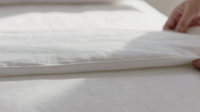 Smoothing bare hands entering from right, pulling and aligning white sheet on bed to neaten edge