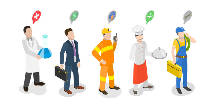 3D Isometric Flat  Illustration of Labor Day, Essential Workers Group of Different Occupations