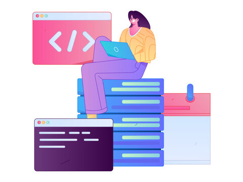 Programming teaching development flat character vector concept operation hand drawn illustration
