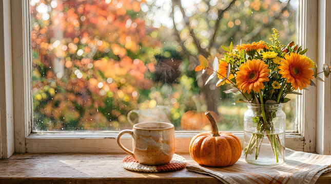 Autumn still life coffee pumpkin and fall foliage