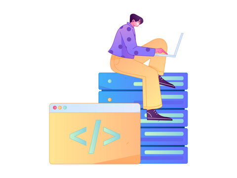 Programming teaching development flat character vector concept operation hand drawn illustration

