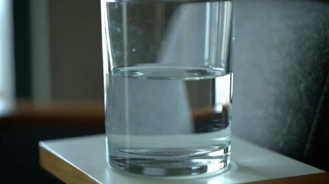 Shifting sunlight causing glass and water to ripple on coaster at table edge in living room