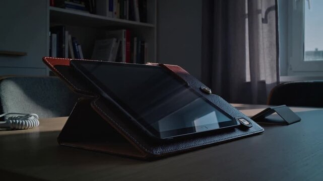 Showing tablet in brown leather folio shifting reflections at home office, window light increasing