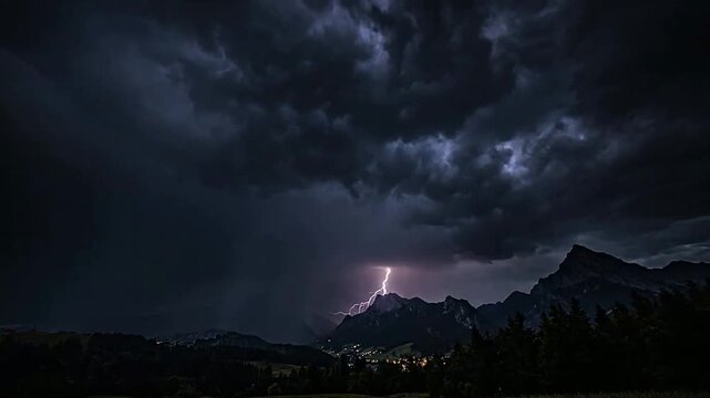 Dramatic lightning storm over mountain landscape at night