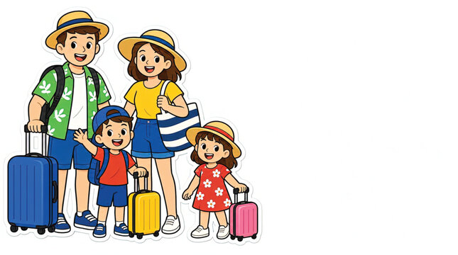 Family on vacation with luggage together.