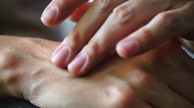 Starting tips above knuckles, one hand palpating other hand on dark table, checking veins and nails
