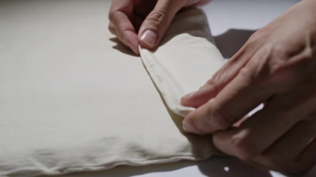 Smoothing hand entering right pressing, pinching off-white cushion on table, adjusting cover