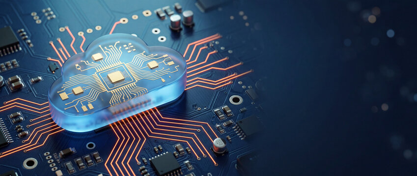 Glowing blue cloud icon with circuit board patterns on a dark blue background with glowing orange circuit lines, representing cloud computing and technology
