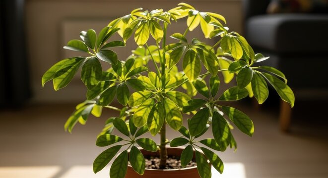 Schefflera Arboricola Plant in a Pot Illuminated by Sunlight Indoors.