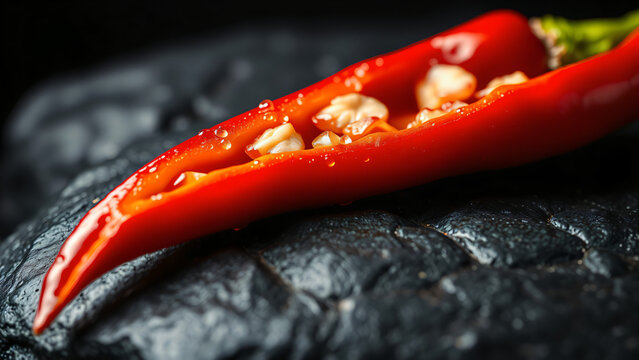 Fresh red dedo de mo&ccedil;a chili pepper sliced open showing seeds on dark textured stone surface.