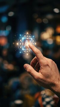 Man touching glowing artificial intelligence hologram. Digital assistant interacting with virtual neural network. Innovative cyber technology, data science and automated machine learning concept.