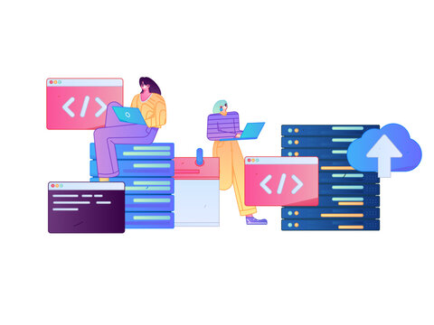 Programming teaching development flat character vector concept operation hand drawn illustration
