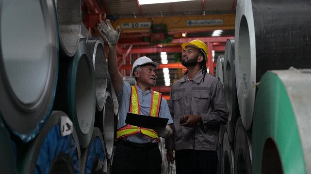 Industrial employees reviewing steel coil stock in manufacturing facility