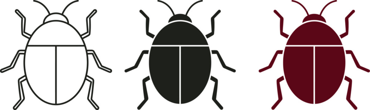 Line art and silhouettes of bed bugs in different colors