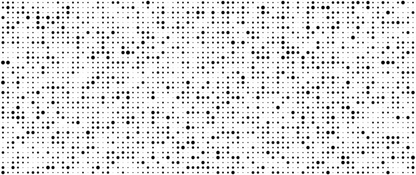 Dotted halftone gradient pattern texture. Black random polka dots seamless background. Mixed small and big circles. Smooth gradation grain. Ink splashes. Abstract vector illustration