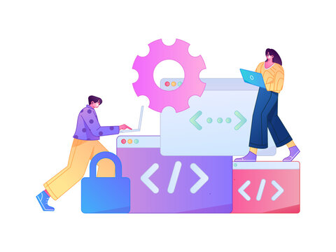 Programming teaching development flat character vector concept operation hand drawn illustration
