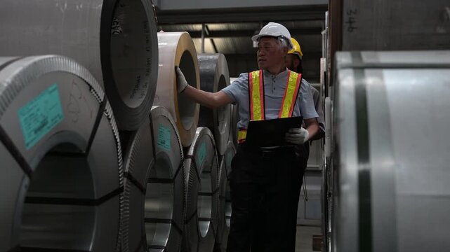 Factory supervisor checking steel coil inventory in warehouse